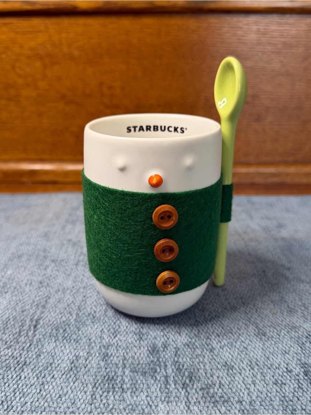Limited Edition 2015 Starbucks Snowman Mug with Dark Green Felt Sleeve and spoon